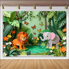 Lofaris Fond d'Anniversaire Jungle Safari en Papier Découpé avec Lion, Éléphant et Papillons pour Enfants