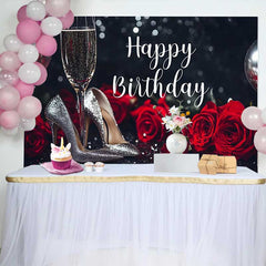 Lofaris Fond d'Anniversaire Élégant Noir et Argent Pailleté, avec Roses Rouges et Talons Champagne