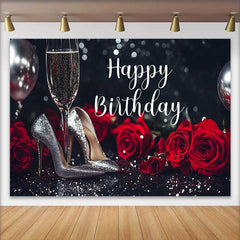 Lofaris Fond d'Anniversaire Élégant Noir et Argent Pailleté, avec Roses Rouges et Talons Champagne