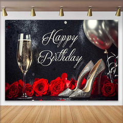 Lofaris Fond d'Anniversaire Noir et Argent Pailleté avec Champagne, Talons Étincelants et Roses Rouges