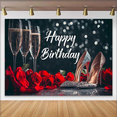 Lofaris Fond d'Anniversaire Noir et Rouge avec Flûtes de Champagne, Roses et Talons Pailletés, Décor Élégant