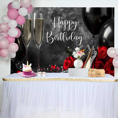 Lofaris Fond d'Anniversaire Noir Rouge et Or avec Champagne, Talons Pailletés et Roses pour Fête Élégante