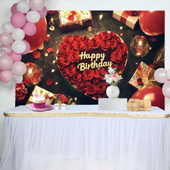 Lofaris Fond d'Anniversaire Cœur de Roses Rouges, Décor de Fête Romantique avec Ballons et Cadeaux