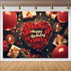 Lofaris Fond d'Anniversaire Cœur de Roses Rouges, Décor de Fête Romantique avec Ballons et Cadeaux