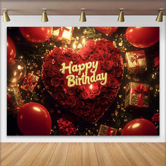 Lofaris Fond d'Anniversaire Cœur de Roses Rouges avec Cadeaux Dorés et Ballons, Décor de Célébration