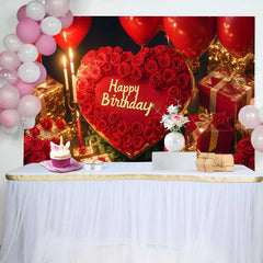 Lofaris Fond d'Anniversaire Cœur Rouge et Roses, Décor de Fête avec Cadeaux Or et Ballons Élégants