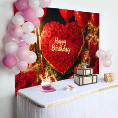 Lofaris Fond d'Anniversaire Cœur Rouge et Roses, Décor de Fête avec Cadeaux Or et Ballons Élégants