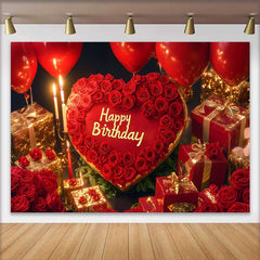Lofaris Fond d'Anniversaire Cœur Rouge et Roses, Décor de Fête avec Cadeaux Or et Ballons Élégants