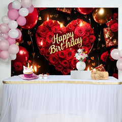 Lofaris Fond d'Anniversaire Cœur de Roses Rouges, Ballons Or et Cadeaux pour Célébration de Fête Élégante