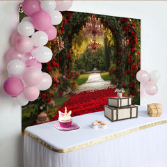 Lofaris Toile de fond mariage avec arche de roses rouges, chemin de pétales pour cérémonie romantique