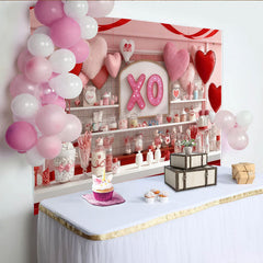 Lofaris Toile de fond de fête romantique avec cœurs roses et rouges, décorations XO scintillantes et bonbons