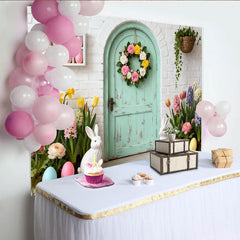 Lofaris Toile de fond de Pâques printanière avec porte menthe et lapins, œufs colorés, fleurs et mur de briques blanches