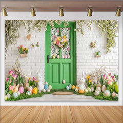 Lofaris Toile de fond de Pâques printanière avec lapins et œufs colorés, décor de fleurs pour studio