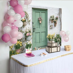 Lofaris oile de fond porte verte en bois vieilli avec fleurs et lapins, décor printanier pour Pâques