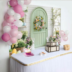 Lofaris Toile de fond porte verte couronne florale et lapins, avec œufs de Pâques fleurs pastel et mur de briques
