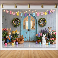 Lofaris Toile de fond de Pâques avec lapins et œufs colorés, décor printanier rustique pour célébration familiale.