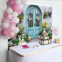 Lofaris Toile de fond Pâques porte turquoise fleurs pastel lapins œufs, pour célébrations printanières, accessoires de studio photo