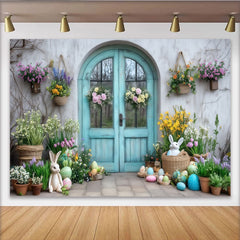 Lofaris Toile de fond Pâques porte turquoise fleurs pastel lapins œufs, pour célébrations printanières, accessoires de studio photo