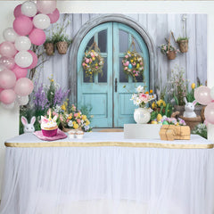 Lofaris Toile de fond de Pâques printanière, porte bleue et décorations florales avec œufs et lapins