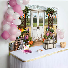 Lofaris Toile de fond joyeuses paques avec lapins et fleurs, decor printanier pour seance photo en famille