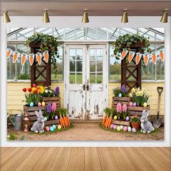 Lofaris Toile de fond joyeuses paques avec lapins et fleurs, decor printanier pour seance photo en famille
