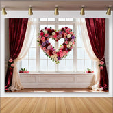 Lofaris Toile de fond romantique cœur de roses, avec fenêtre et rideaux velours, pour Saint-Valentin et mariage