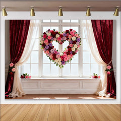 Lofaris Toile de fond romantique cœur de roses, avec fenêtre et rideaux velours, pour Saint-Valentin et mariage