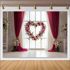 Lofaris Toile de fond de fête romantique avec cœur floral et rideaux rouges, pour mariage, fiançailles ou Saint-Valentin