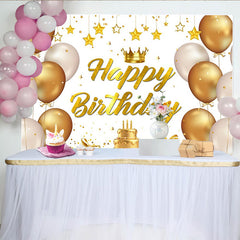 Lofaris Toile de fond joyeux anniversaire avec ballons dorés, décoration élégante pour fête et gâteau