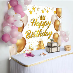Lofaris Toile de fond joyeux anniversaire avec ballons dorés, décoration élégante pour fête et gâteau