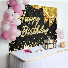 Lofaris Toile de fond d'anniversaire noire et or avec paillettes, diamants et nœud, élégante pour célébration festive.