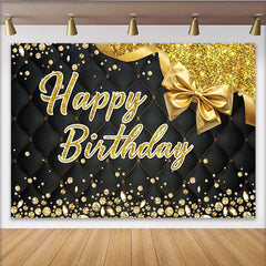 Lofaris Toile de fond d'anniversaire noire et or avec paillettes, diamants et nœud, élégante pour célébration festive.