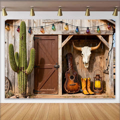 Lofaris Toile de fond western rustique cactus crâne de taureau, avec guitare bottes de cowboy et lanterne, pour fête d'anniversaire