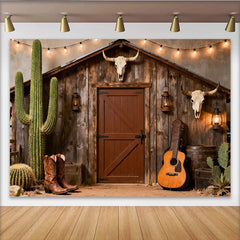 Lofaris Toile de fond western cabane en bois et cactus, avec crânes de taureau et guitare, pour fête country