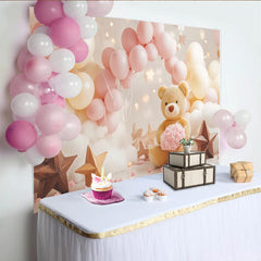 Lofaris Toile de fond rose et crème pour baby shower avec ours en peluche et ballons, décor doux et nuageux pour photographie de nouveau-né