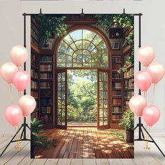 Lofaris Toile de fond bibliothèque ensoleillée, porte vitrée ouverte sur jardin vert luxuriant pour portrait printanier