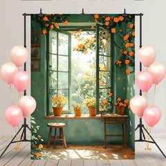 Lofaris Toile de fond fenêtre verte printanière, pots de fleurs orange et tabouret en bois pour portrait rustique