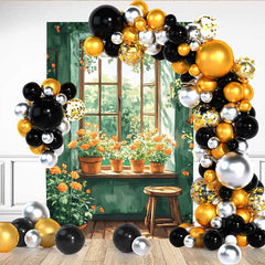 Lofaris Toile de fond pièce verte fraîche, fleurs orange sur rebord de fenêtre et jardin ensoleillé pour décoration printanière
