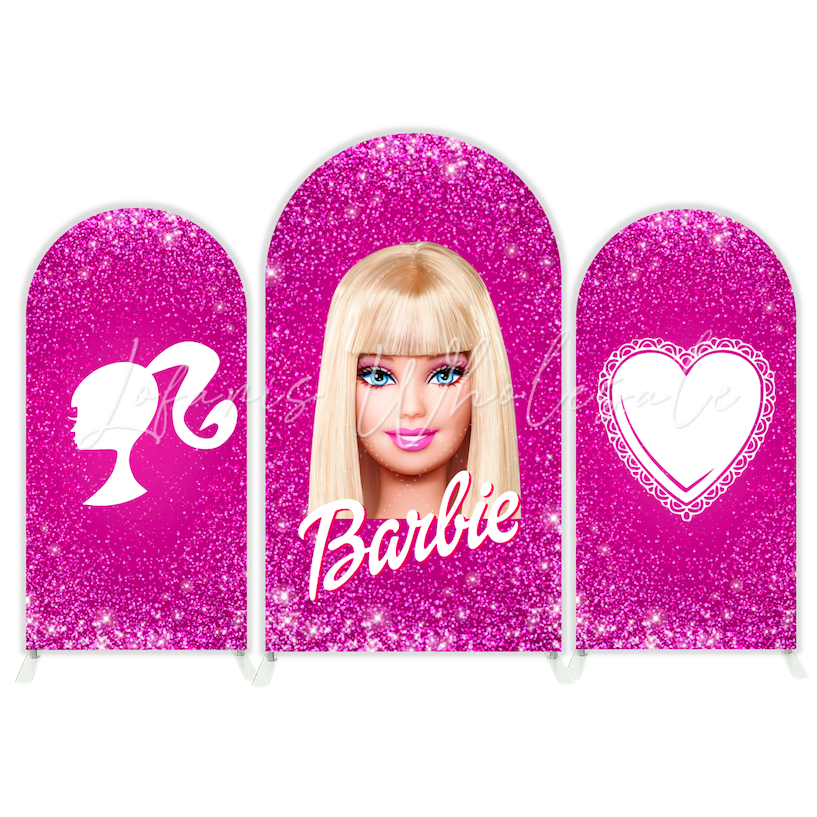 Toile de fond pour arche Joyeux Anniversaire tête Barbie