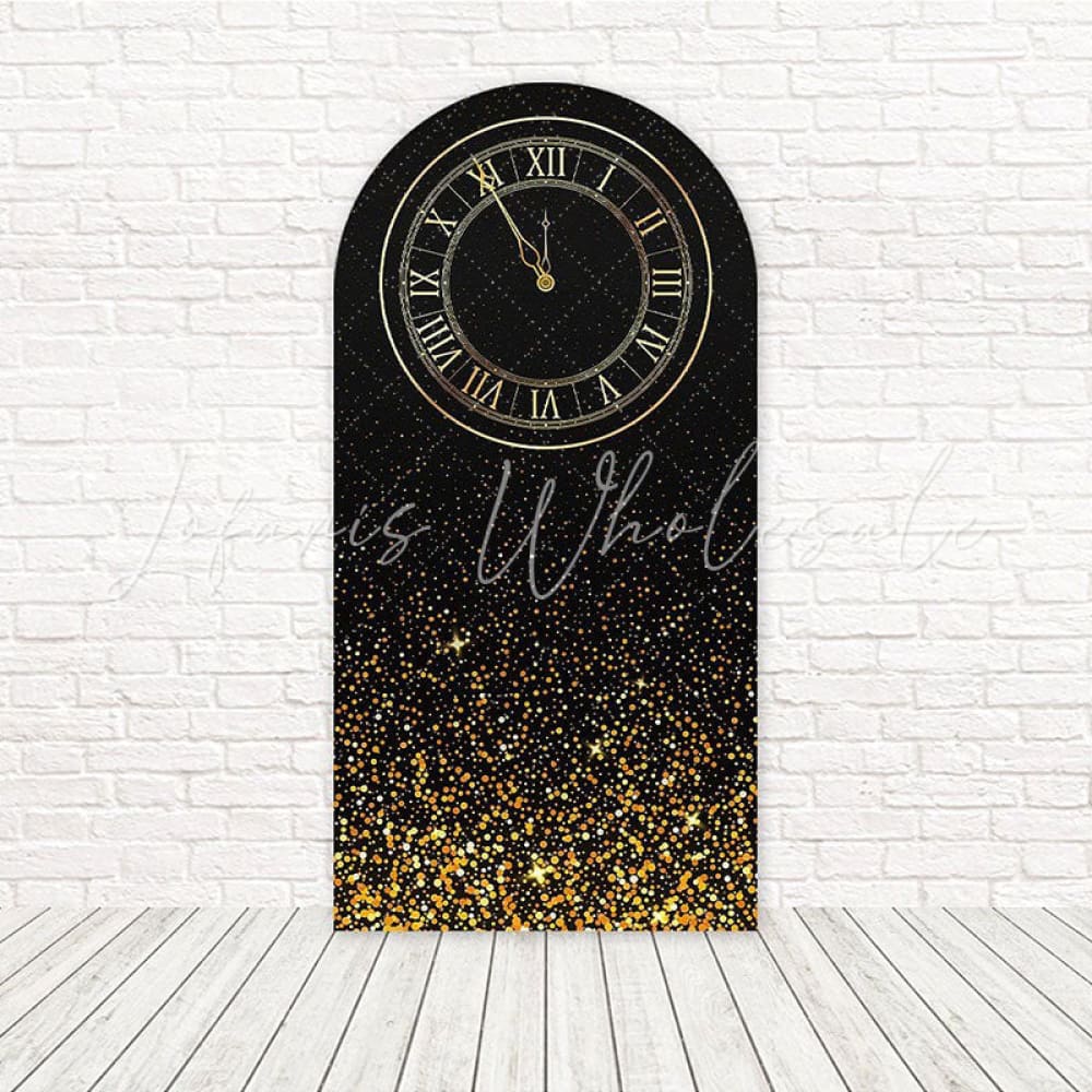Toile de fond pour arche horloge Nouvel An noir et or pour fête vacances luxe