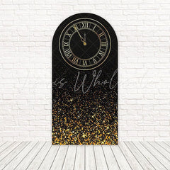 Toile de fond pour arche horloge Nouvel An noir et or pour fête vacances luxe