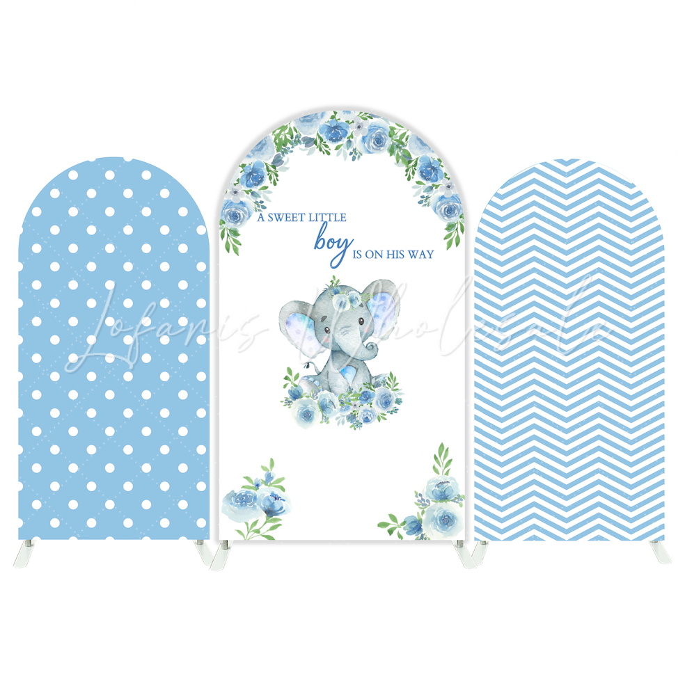 Toile de fond pour arche flore éléphant rayure pois bleus pour fête anniversaire Baby Shower révélation genre