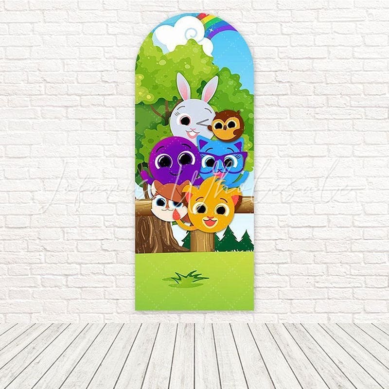 Toile de fond pour arche arbres fun dessin animé forêt Bolofofo pour fête ludique