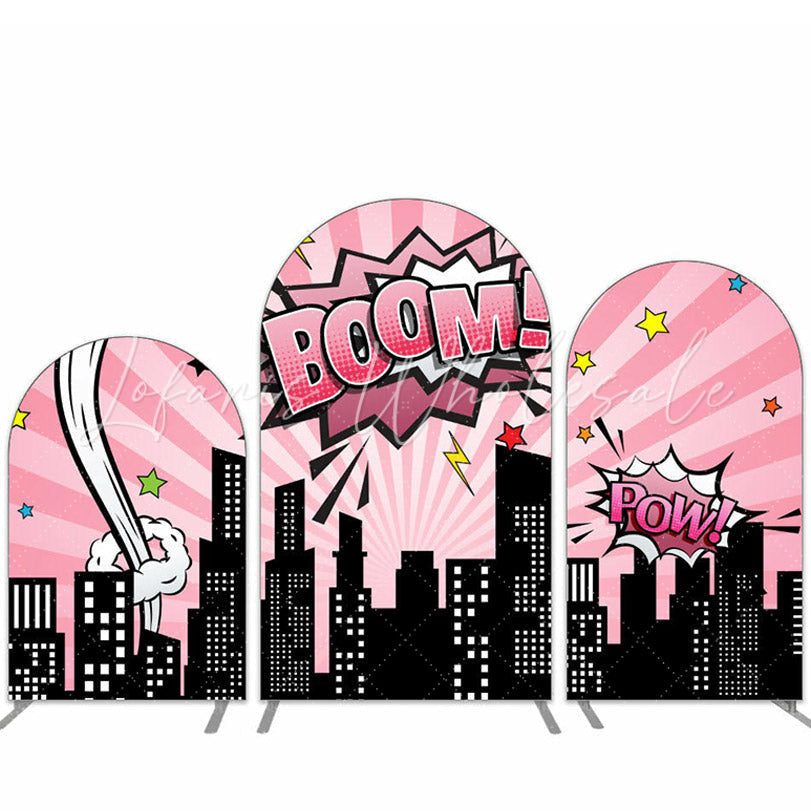 Kit toile de fond pour arche anniversaire ciel rose ville nuit Boom