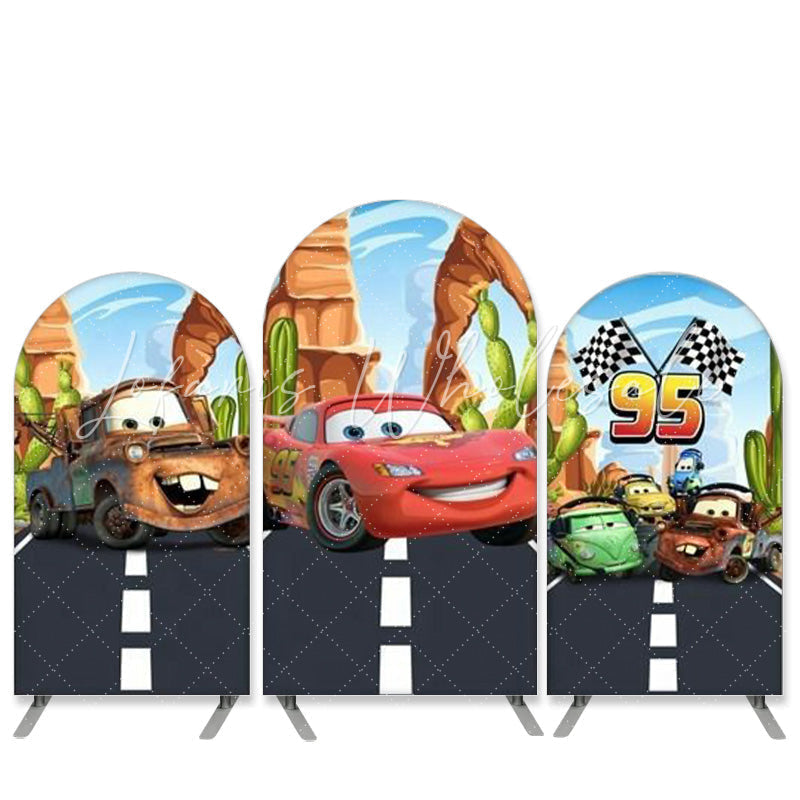 Kit toile de fond pour arche Joyeux Anniversaire thème voiture de course dessin animé