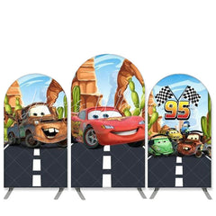 Kit toile de fond pour arche Joyeux Anniversaire thème voiture de course dessin animé