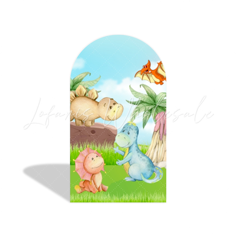 Toile de fond pour arche Joyeux Anniversaire thème dessin animé dinosaure mignon