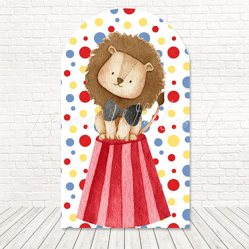 Toile de fond pour arche lion cirque à pois pour célébrations cirque fun et colorées