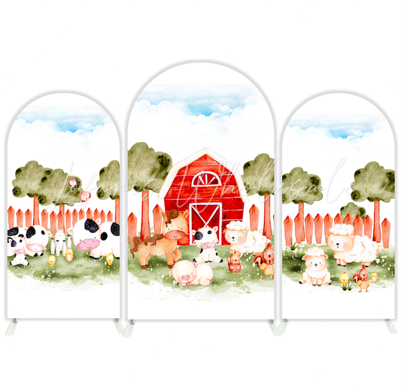 Toile de fond pour arche Joyeux Anniversaire thème vache maison grange ferme