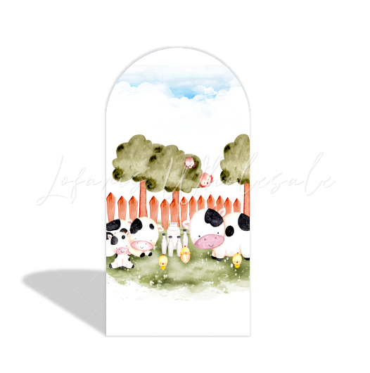 Toile de fond pour arche Joyeux Anniversaire thème vache maison grange ferme
